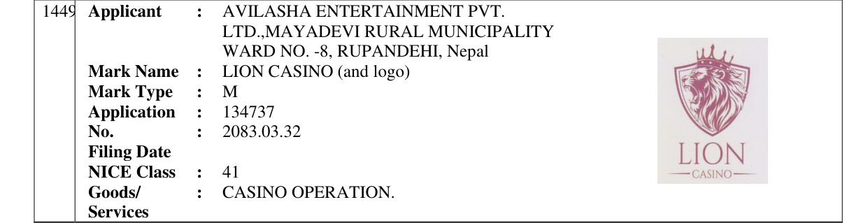 Original bulletin entry for LION CASINO (and logo)