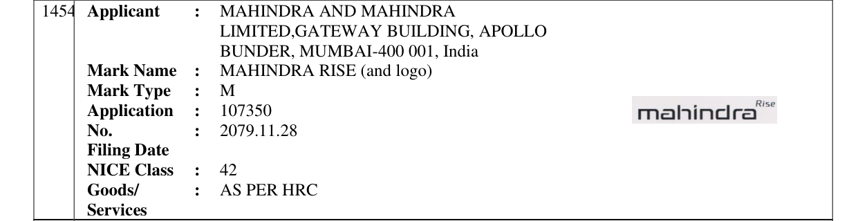 Original bulletin entry for MAHINDRA RISE (and logo)