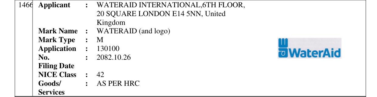 Original bulletin entry for WATERAID (and logo)