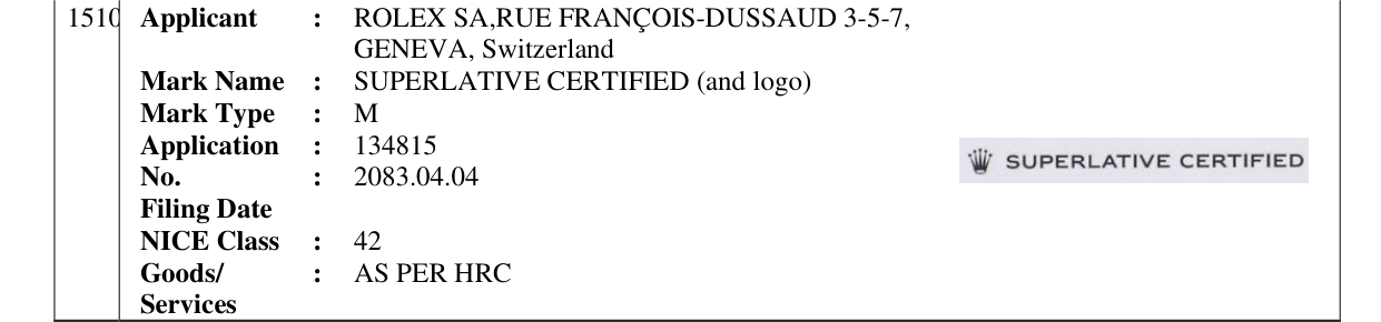 Original bulletin entry for SUPERLATIVE CERTIFIED (and logo)