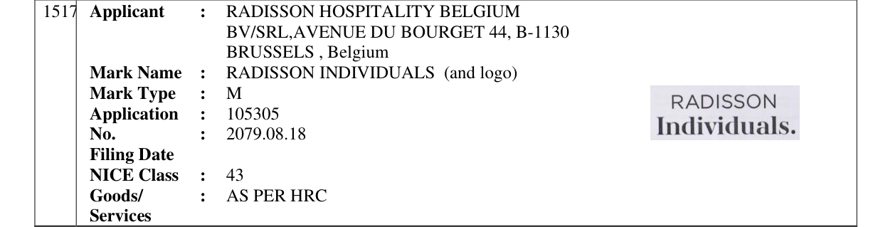 Original bulletin entry for RADISSON INDIVIDUALS (and logo)