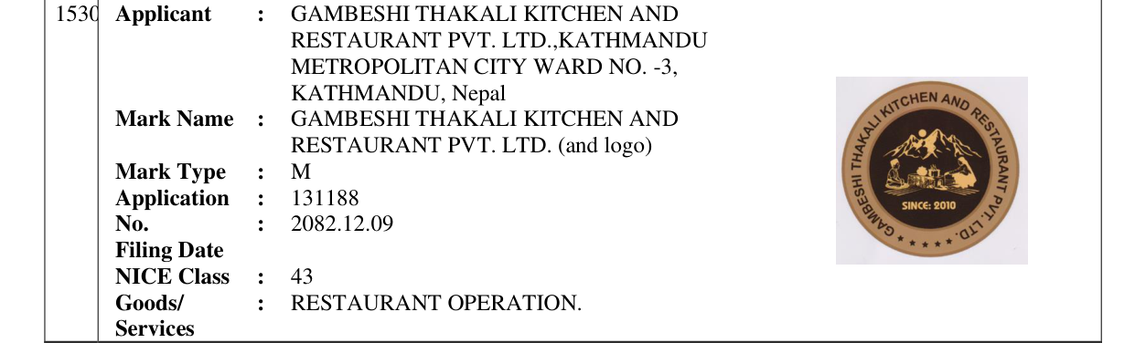 Original bulletin entry for GAMBESHI THAKALI KITCHEN AND RESTAURANT PVT. LTD. (and logo)