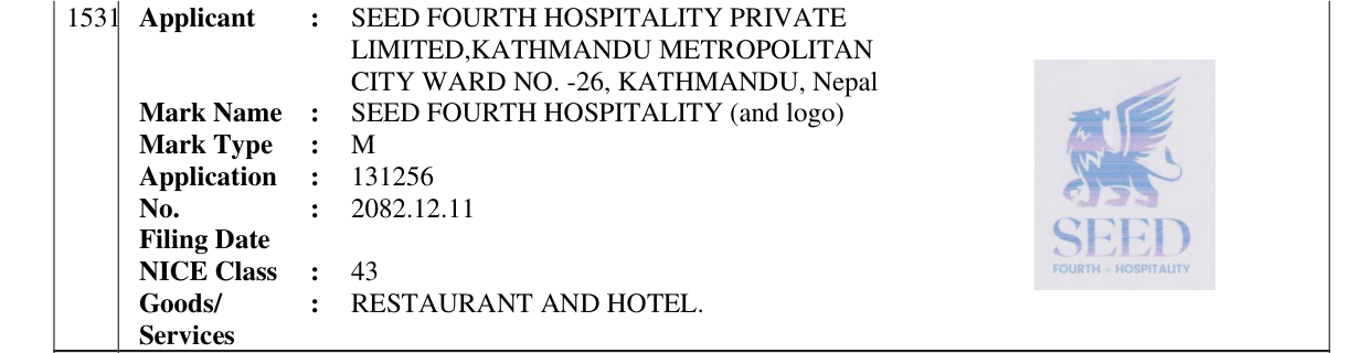 Original bulletin entry for SEED FOURTH HOSPITALITY (and logo)