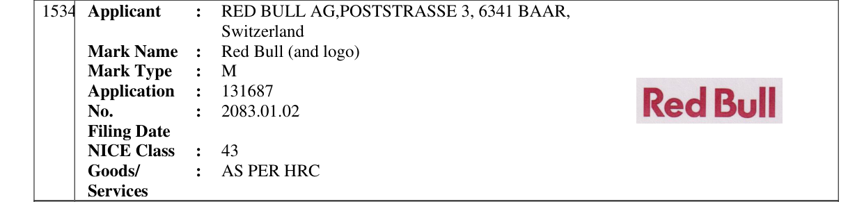 Original bulletin entry for Red Bull (and logo)