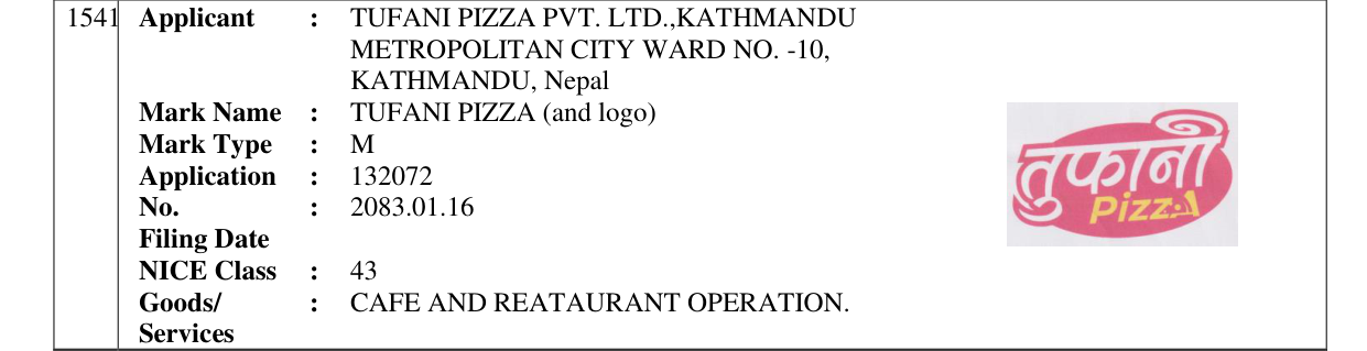 Original bulletin entry for TUFANI PIZZA (and logo)