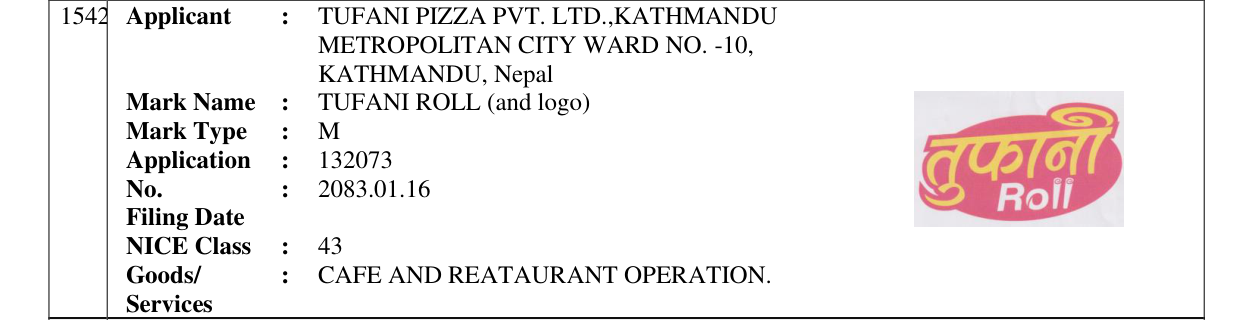 Original bulletin entry for TUFANI ROLL (and logo)