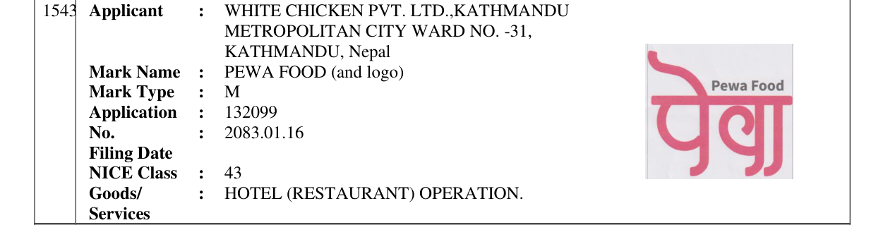Original bulletin entry for PEWA FOOD (and logo)