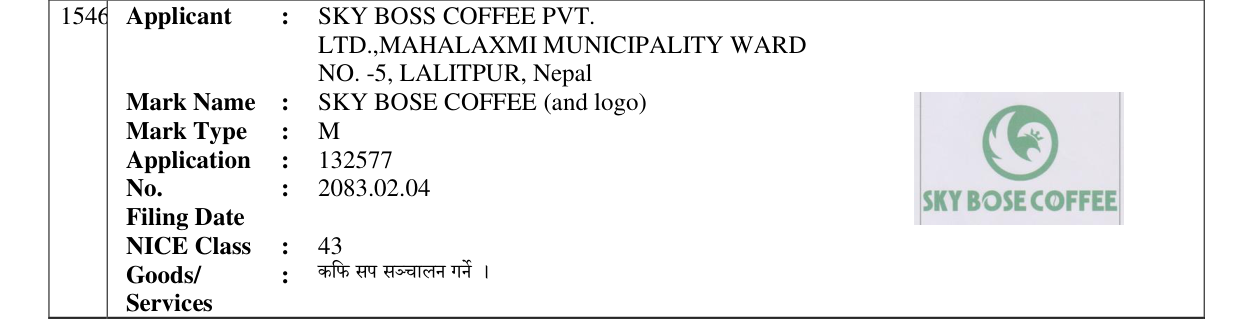 Original bulletin entry for SKY BOSE COFFEE (and logo)