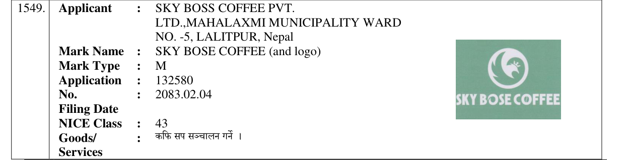 Original bulletin entry for SKY BOSE COFFEE (and logo)