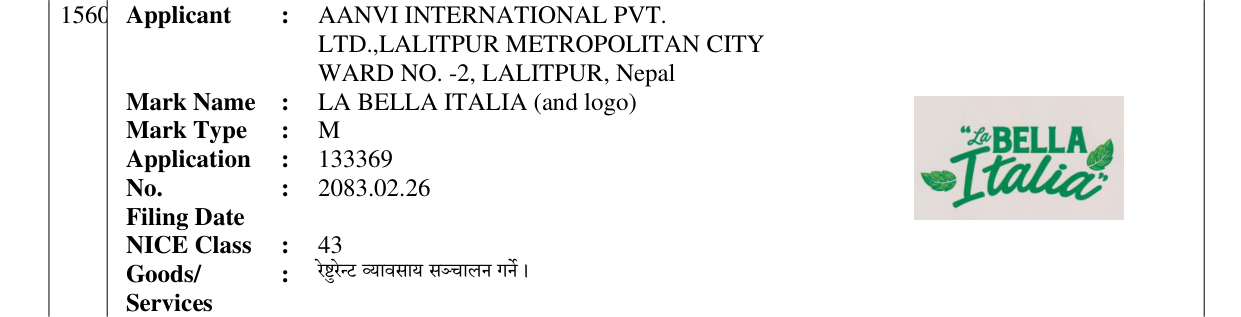 Original bulletin entry for LA BELLA ITALIA (and logo)