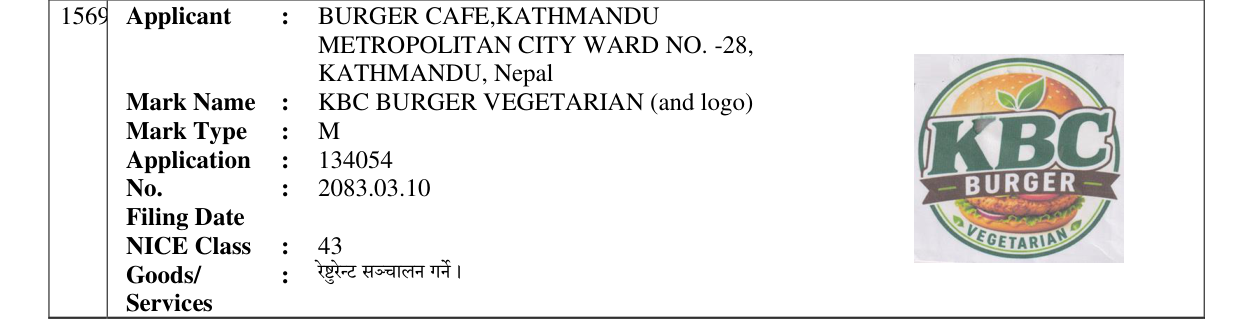 Original bulletin entry for KBC BURGER VEGETARIAN (and logo)