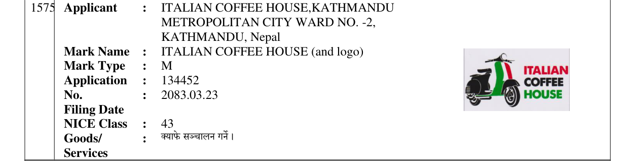 Original bulletin entry for ITALIAN COFFEE HOUSE (and logo)