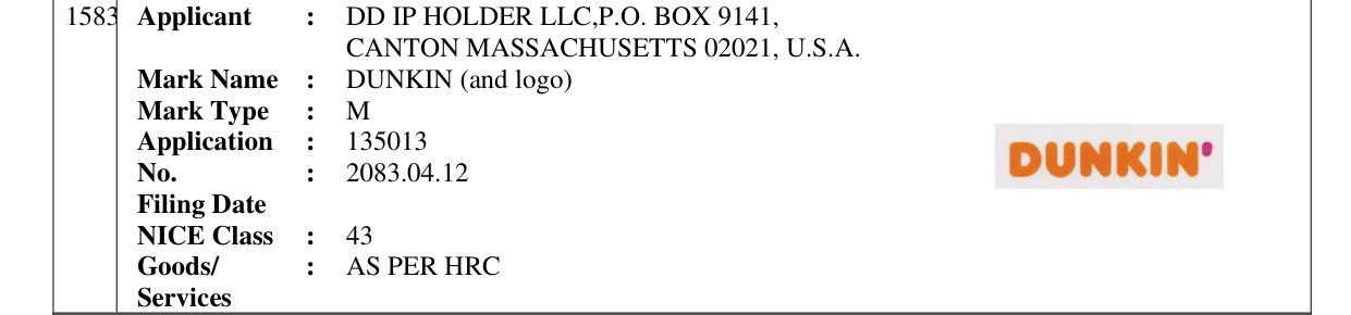 Original bulletin entry for DUNKIN (and logo)