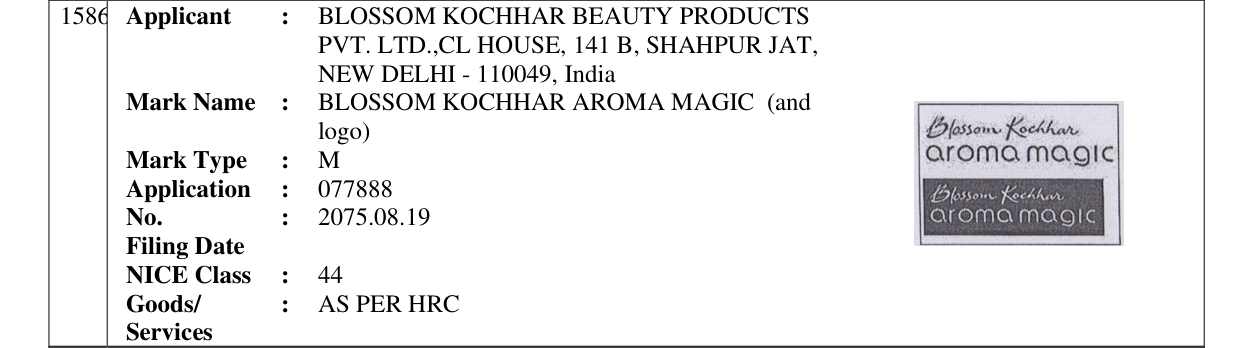 Original bulletin entry for BLOSSOM KOCHHAR AROMA MAGIC (and logo)