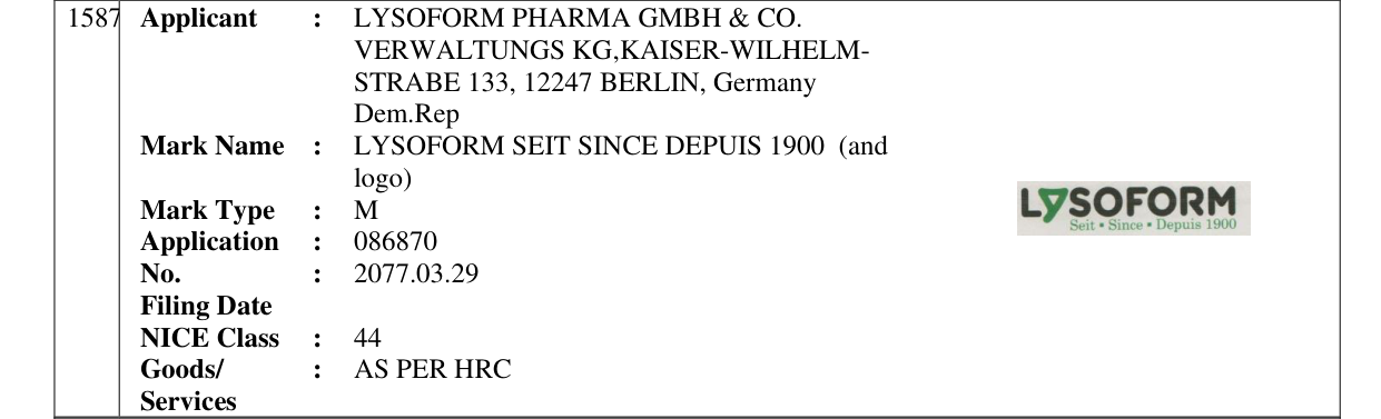 Original bulletin entry for LYSOFORM SEIT SINCE DEPUIS 1900 (and logo)