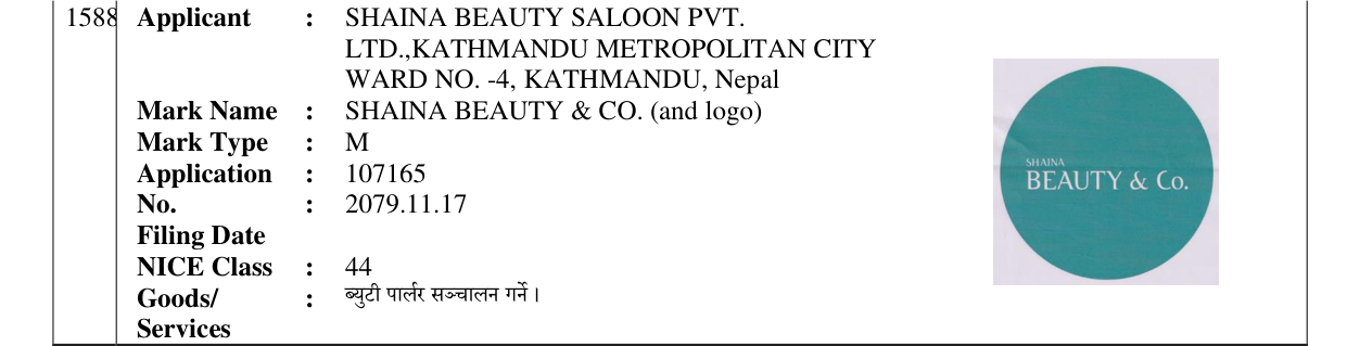 Original bulletin entry for SHAINA BEAUTY & CO. (and logo)
