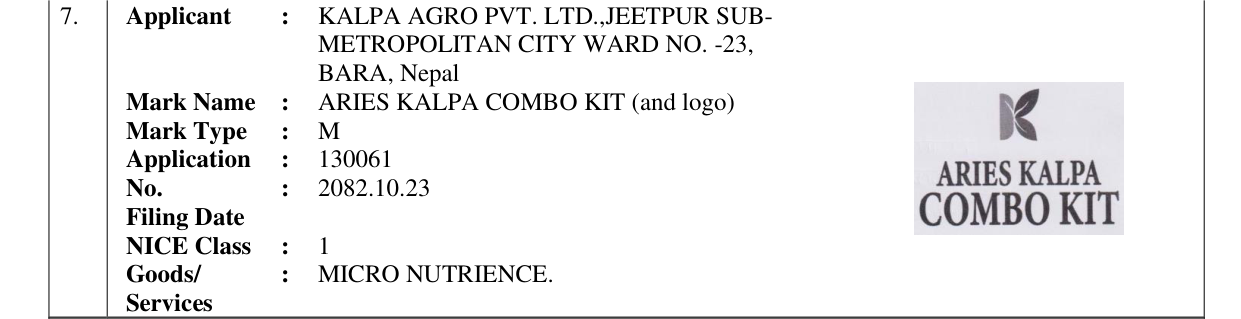 Original bulletin entry for ARIES KALPA COMBO KIT (and logo)