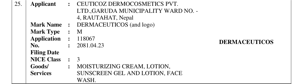 Original bulletin entry for DERMACEUTICOS (and logo)