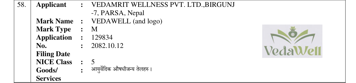 Original bulletin entry for VEDAWELL (and logo)