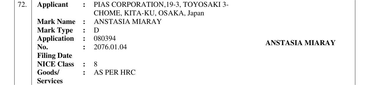 Original bulletin entry for ANSTASIA MIARAY