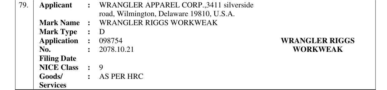 Original bulletin entry for WRANGLER RIGGS WORKWEAK
