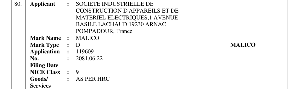 Original bulletin entry for MALICO