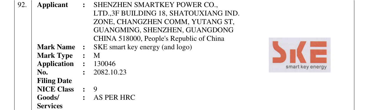 Original bulletin entry for SKE smart key energy (and logo)