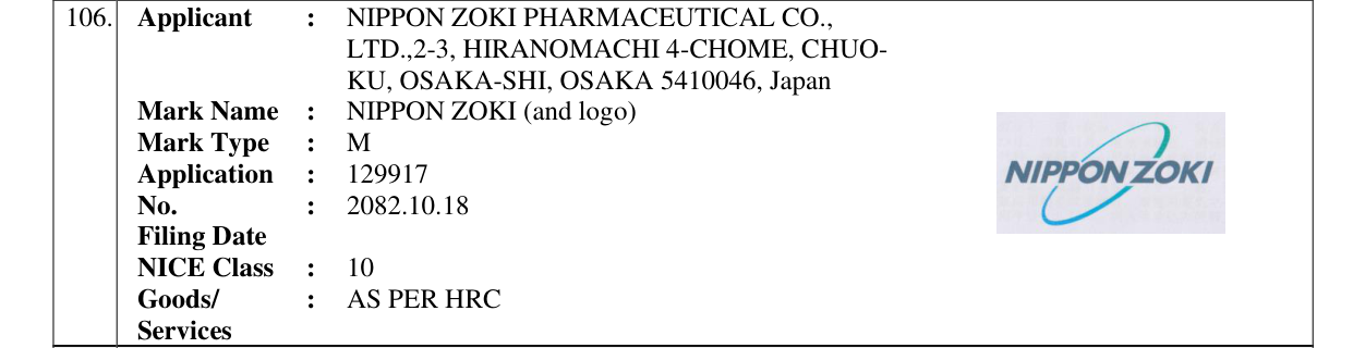 Original bulletin entry for NIPPON ZOKI (and logo)