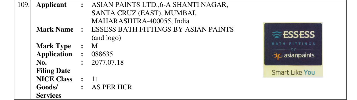 Original bulletin entry for ESSESS BATH FITTINGS BY ASIAN PAINTS (and logo)