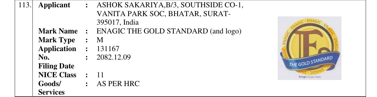 Original bulletin entry for ENAGIC THE GOLD STANDARD (and logo)