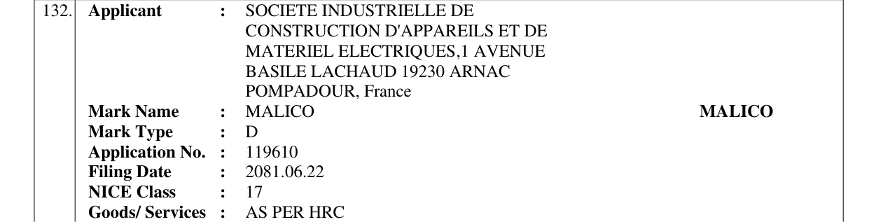 Original bulletin entry for MALICO MALICO