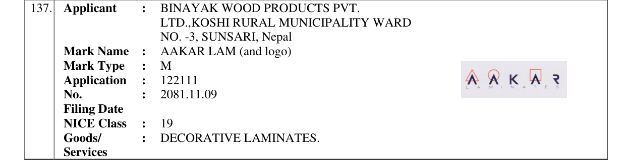 Original bulletin entry for AAKAR LAM (and logo)