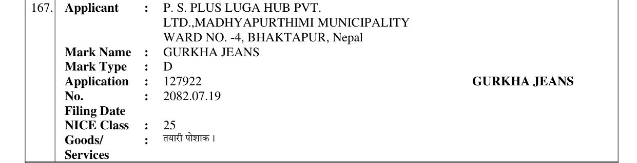 Original bulletin entry for GURKHA JEANS