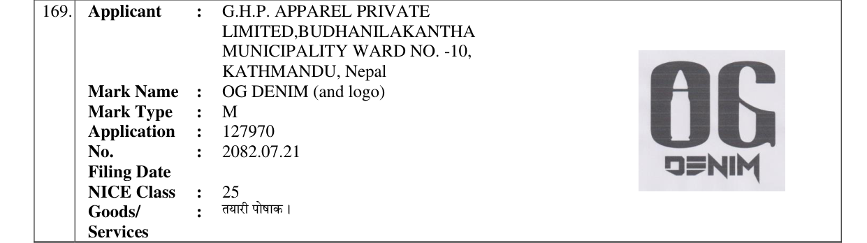 Original bulletin entry for OG DENIM (and logo)