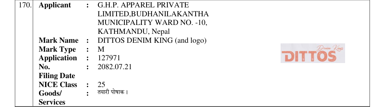Original bulletin entry for DITTOS DENIM KING (and logo)