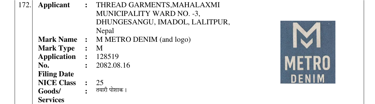 Original bulletin entry for M METRO DENIM (and logo)