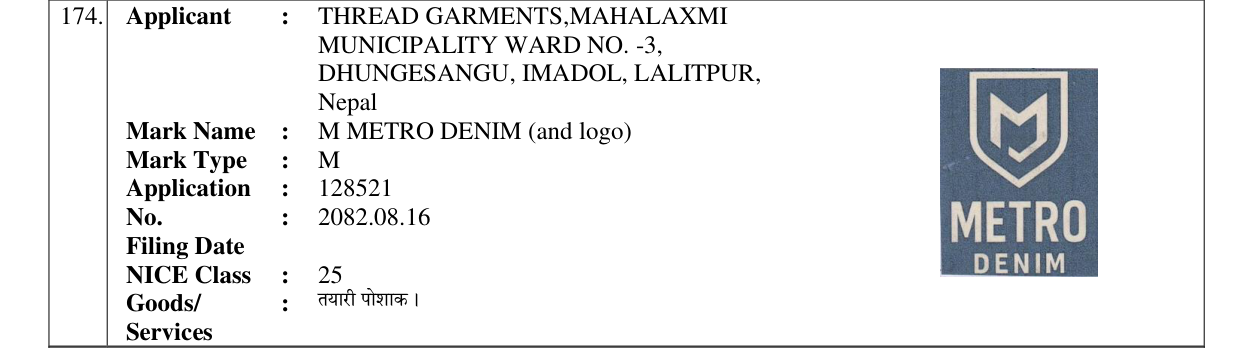 Original bulletin entry for M METRO DENIM (and logo)