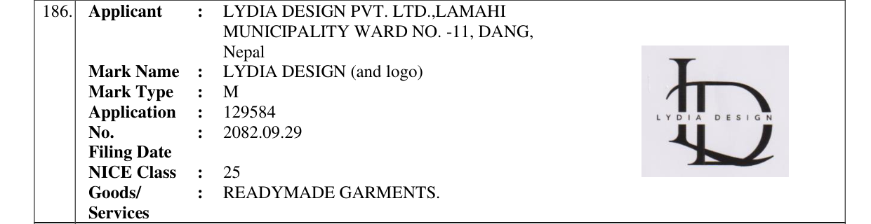 Original bulletin entry for LYDIA DESIGN (and logo)