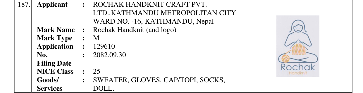 Original bulletin entry for Rochak Handknit (and logo)