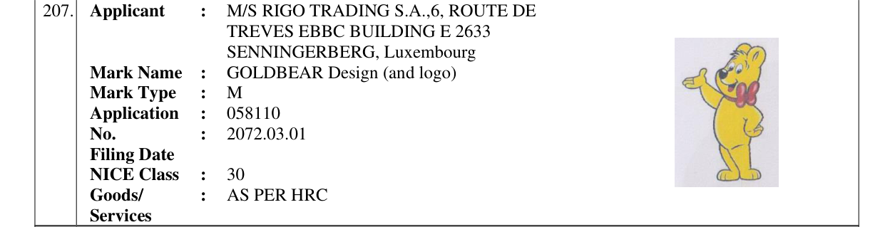 Original bulletin entry for GOLDBEAR Design (and logo)