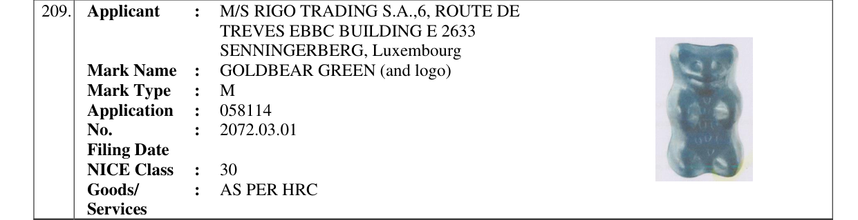Original bulletin entry for GOLDBEAR GREEN (and logo)