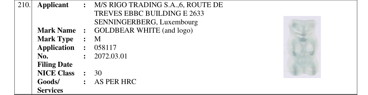 Original bulletin entry for GOLDBEAR WHITE (and logo)