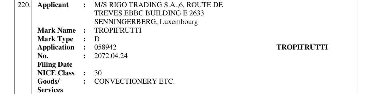 Original bulletin entry for TROPIFRUTTI