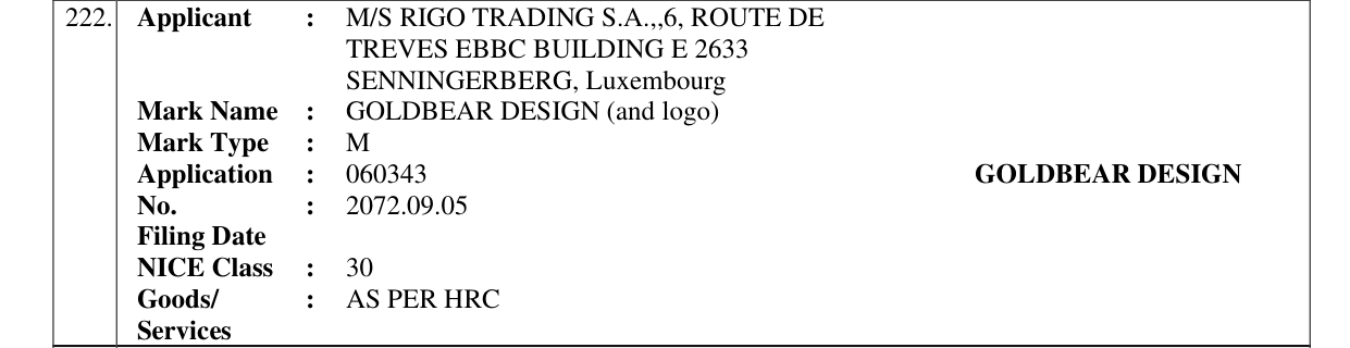 Original bulletin entry for GOLDBEAR DESIGN (and logo)