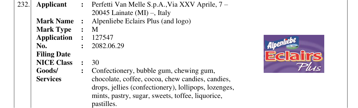 Original bulletin entry for Alpenliebe Eclairs Plus (and logo)