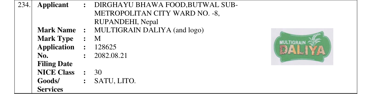 Original bulletin entry for MULTIGRAIN DALIYA (and logo)