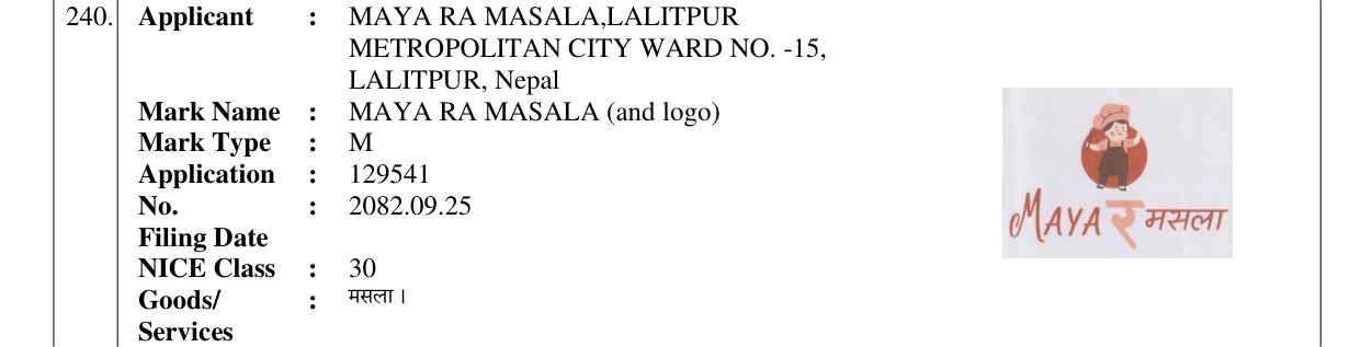 Original bulletin entry for MAYA RA MASALA (and logo)