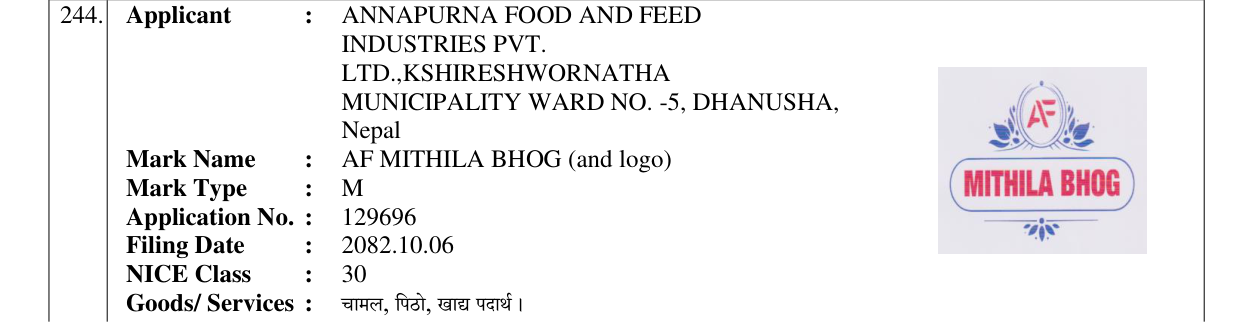 Original bulletin entry for AF MITHILA BHOG (and logo)