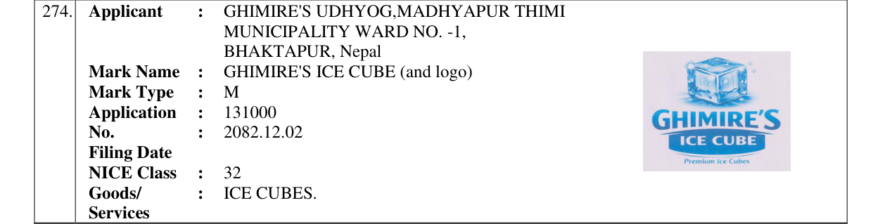 Original bulletin entry for GHIMIRE'S ICE CUBE (and logo)