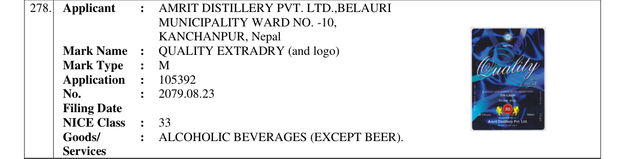 Original bulletin entry for QUALITY EXTRADRY (and logo)